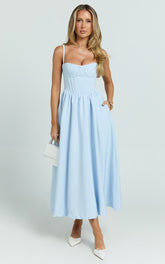 Nadine Midi Dress - Bustier Corset Waist Gathered Full Skirt Dress in Baby Blue