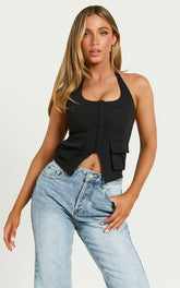 Narla Top - Halter Neck Zip Through Pocket Detail Top in Black