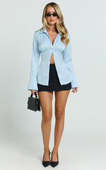 Natalie Top - Button Up Flared Sleeve Shirt in Light Blue