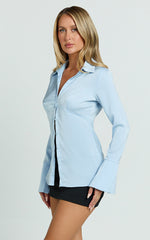 Natalie Top - Button Up Flared Sleeve Shirt in Light Blue