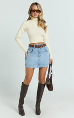 Natalie Top - Long Sleeve Roll Neck Knitted Top in Cream