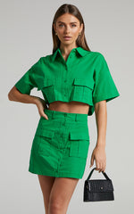 Navine Two Piece Set - Button Front Crop Top and Cargo Pocket Mini Skirt Set in Green