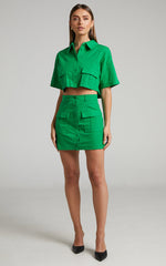 Navine Two Piece Set - Button Front Crop Top and Cargo Pocket Mini Skirt Set in Green