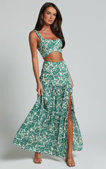 Nelli Two Piece Top and Skirt Set - Crop Top and Thigh Split Maxi Skirt in White and Green Floral