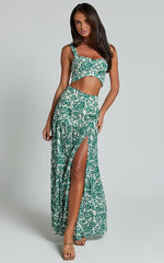 Nelli Two Piece Top and Skirt Set - Crop Top and Thigh Split Maxi Skirt in White and Green Floral