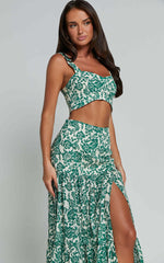 Nelli Two Piece Top and Skirt Set - Crop Top and Thigh Split Maxi Skirt in White and Green Floral