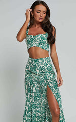 Nelli Two Piece Top and Skirt Set - Crop Top and Thigh Split Maxi Skirt in White and Green Floral