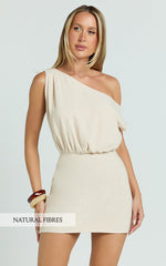 Nellie Mini Linen Dress - Linen One Shoulder Mini Dress in Biscuit