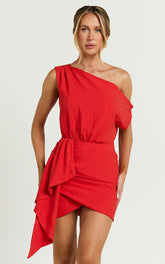 Niana Mini Dress - Drape One Shoulder Dress in Red