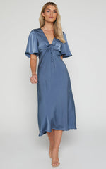 Nicholla Midi Dress - Ruched Front Angel Sleeve Slip Dress in Steel Blue
