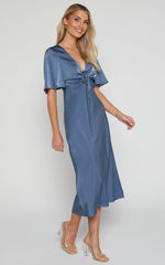 Nicholla Midi Dress - Ruched Front Angel Sleeve Slip Dress in Steel Blue