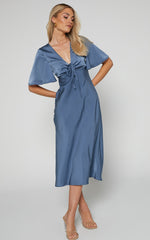 Nicholla Midi Dress - Ruched Front Angel Sleeve Slip Dress in Steel Blue