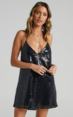Delilaah Mini Dress - Strappy V Neck Slip Sequin Dress in Black Sequins