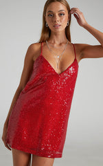 Delilaah Mini Dress - Strappy V Neck Slip Sequin Dress in Red Sequins