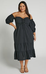 Nikka Midi Linen Blend Dress - Shirred Off Shoulder Puff Sleeve Dress in Black
