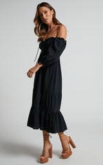 Nikka Midi Linen Blend Dress - Shirred Off Shoulder Puff Sleeve Dress in Black