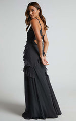 Nitha Maxi Dress - Asymmetrical Frill Thigh Split Dress in Black Polka