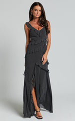 Nitha Maxi Dress - Asymmetrical Frill Thigh Split Dress in Black Polka