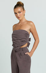 Norma Top - Strapless Linen Blend Scarf Tie Top in Mushroom