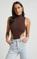Nuala Bodysuit - High Neck Side Cut Out Bodysuit in Chocolate