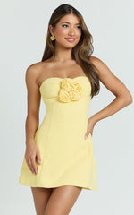 Odelle Mini Dress - Tulip Hem Cut Out 3D Floral Dress in Lemon