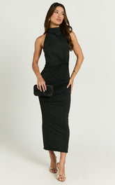 Olenna Midi Dress - Halter Neck Twist Detail Tie Back Dress in Black