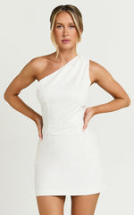 Olga Mini Dress - Linen One Shoulder Dress in Off White