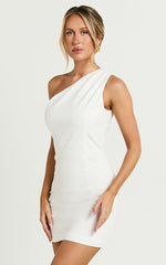 Olga Mini Dress - Linen One Shoulder Dress in Off White