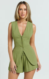 Olivia Top - Longline Linen V Neck Back Tie Vest Top in Sage