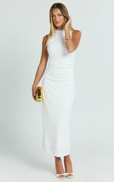 Pamela Midi Dress - High Neck Leg Split Dress in White