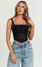 Portia Top - Crochet Corset Square Neck Crop Top in Black