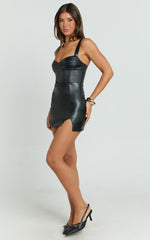 Raye Mini Dress - Faux Leather Wide Strap Fitted Dress in Black