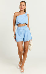 Raylene Two Piece Set - Linen Knotted One Shoulder Top and Paper Bag Waist Shorts in Blue
