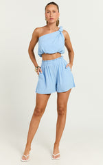 Raylene Two Piece Set - Linen Knotted One Shoulder Top and Paper Bag Waist Shorts in Blue