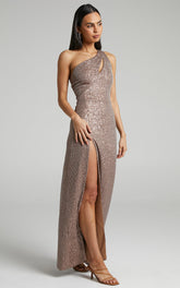Rehyn Midi Dress - One Shoulder Asymmetric Cut Out Sequin Dress in Mocha