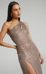 Rehyn Midi Dress - One Shoulder Asymmetric Cut Out Sequin Dress in Mocha
