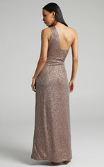Rehyn Midi Dress - One Shoulder Asymmetric Cut Out Sequin Dress in Mocha