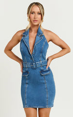 Remi Mini Dress - Halter Belt Denim Dress in Dark Blue Wash
