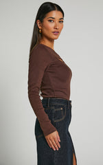 Remi Top - Long Sleeve Asymmetric Cut Out Top in Brown