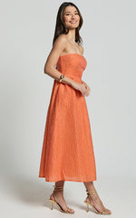Remy Midi Dress - Strapless Bustier Flare Dress in Orange