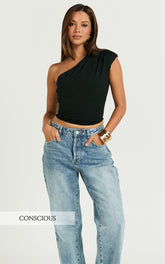 Renner Top - Gathered Extended One Shoulder Top in Black