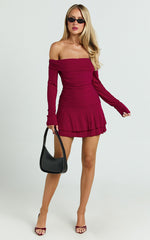 Reycee Mini Dress - Long Sleeve Off Shoulder Dress in Wine