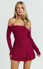 Reycee Mini Dress - Long Sleeve Off Shoulder Dress in Wine