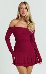 Reycee Mini Dress - Long Sleeve Off Shoulder Dress in Wine