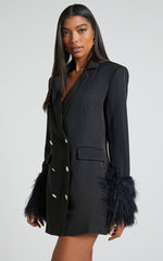 Rhaiza Mini Dress - Faux Feather Trim Double Breasted Blazer Dress in Black