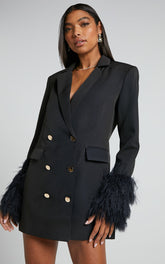 Rhaiza Mini Dress - Faux Feather Trim Double Breasted Blazer Dress in Black