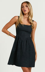 Rhaziya Mini Dress - Sleeveless Straight Neck Fit and Flare Dress in Black