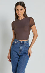 Rhianna Top - Short Sleeve Mesh Crop Top in Brown