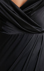 Rholie Midi Dress - Plunge Neck Fringe Hem Fixed Wrap Dress in Black