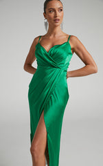 Rholie Midi Dress - Plunge Neck Fringe Hem Fixed Wrap Dress in Emerald